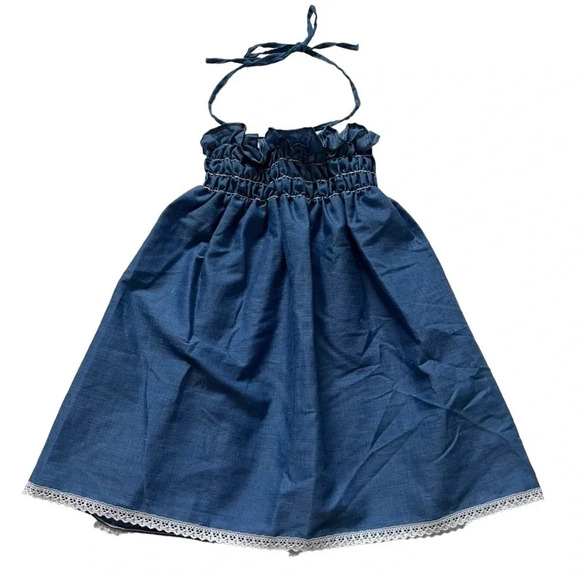 Vintage 70s Montgomery Ward Union Chambray Halter Dress Girls 4 Blue Lace Trim - Picture 1 of 6